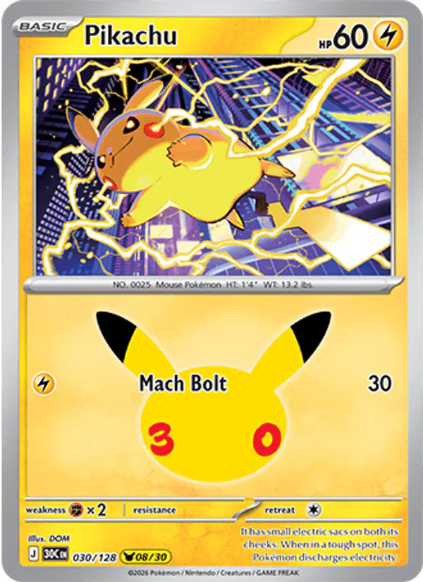 Carta Pikachu 030/128 de 30th Celebration
