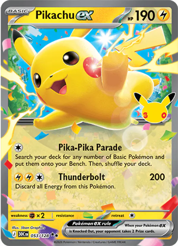 Carta Pikachu ex 053/128 de 30th Celebration