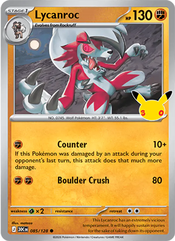 Carta Lycanroc 085/128 de 30th Celebration