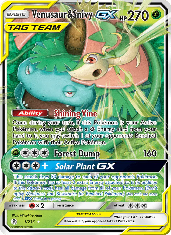Carta Venusaur & Snivy GX 1/236 de Cosmic Eclipse