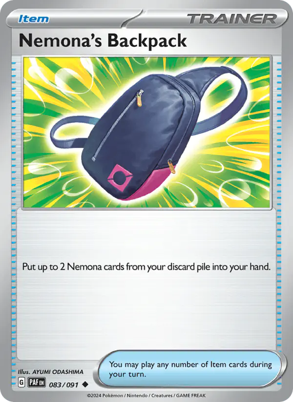 Carta Nemona's Backpack 083/091 de Paldean Fates