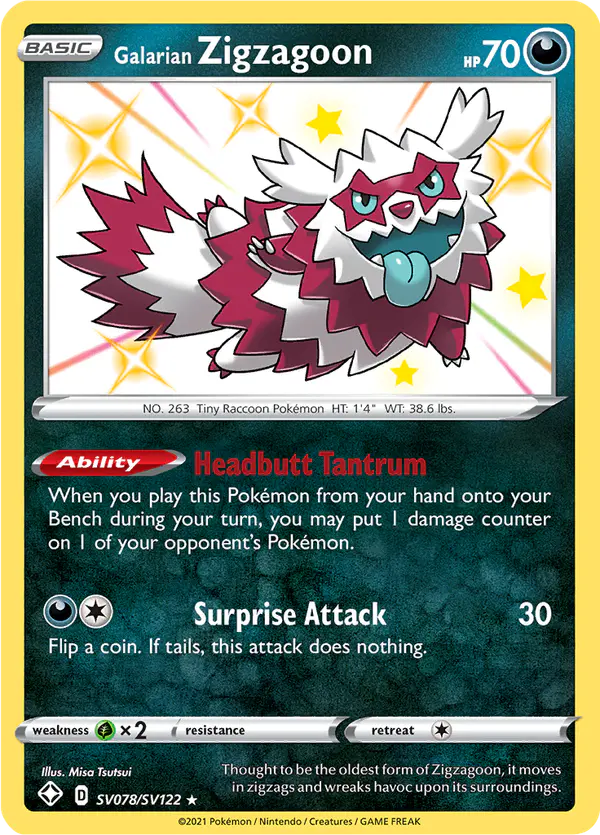 Carta Galarian Zigzagoon SV078 de Shining Fates Shiny Vault