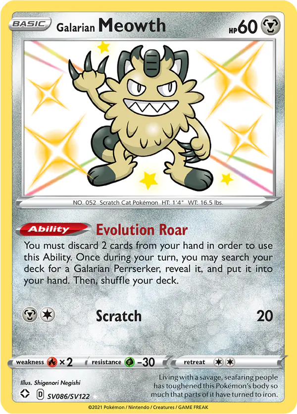 Carta Galarian Meowth SV086 de Shining Fates Shiny Vault