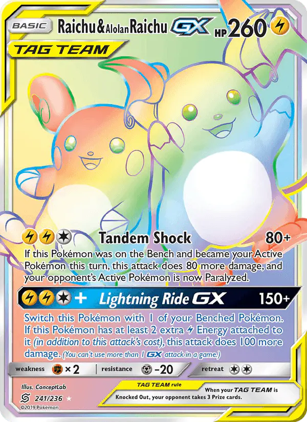 Carta Raichu & Alolan Raichu GX 241/236 de Unified Minds